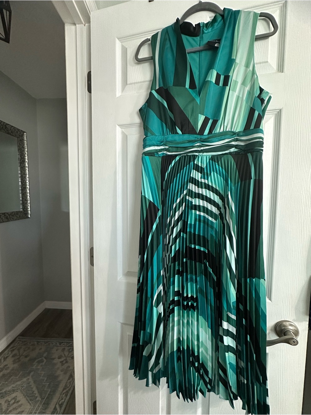 Maison Tara Teal and Black Striped Pleated Midi Dress